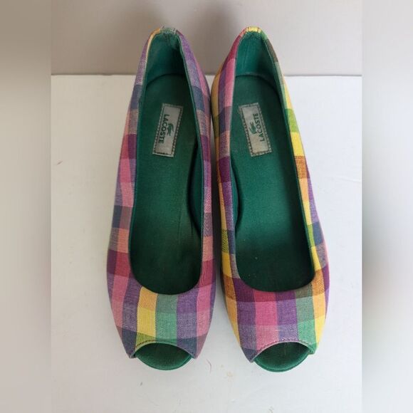 Lacoste Madras Plaid Wedge Peep Toe Shoes – Size 5 - Picture 5 of 10